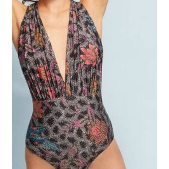ALLIHOP Zinnias Plunge Floral Print  Onepiece Swimsuit S - Picture 1 of 10